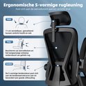 Ergonomische S-vormige rugleuning van de bureaustoel met uitleg over de ondersteuning voor nek (11cm verstelbaar), rug en lendenen.