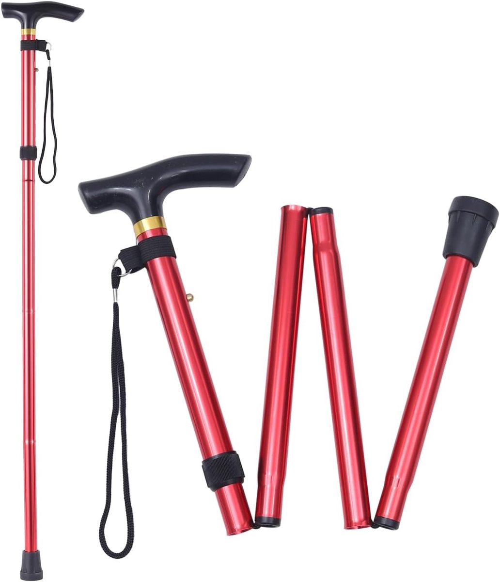 Opvouwbare wandelstok - Trekkingstok - Aluminiumlegering - In vijf standen verstelbare telescopische wandelstok - Antislipvoet - Geschikt voor mensen met mobiliteitsproblemen - Wandelen - Kamperen - Rood - 12*85-95 cm