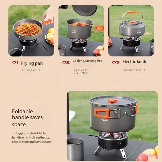 3-delige Campingkooksets - Kampeerset - Kookset - Buitenkookgerei - Kampeerpannen - Opvouwbaar - Compact opbergen - Aluminium - Met kookpan, braadpan en waterketel - Geschikt voor kamperen, wandelen en buitenactiviteiten voor personen - Zwart‑Oranje — afbeelding 4