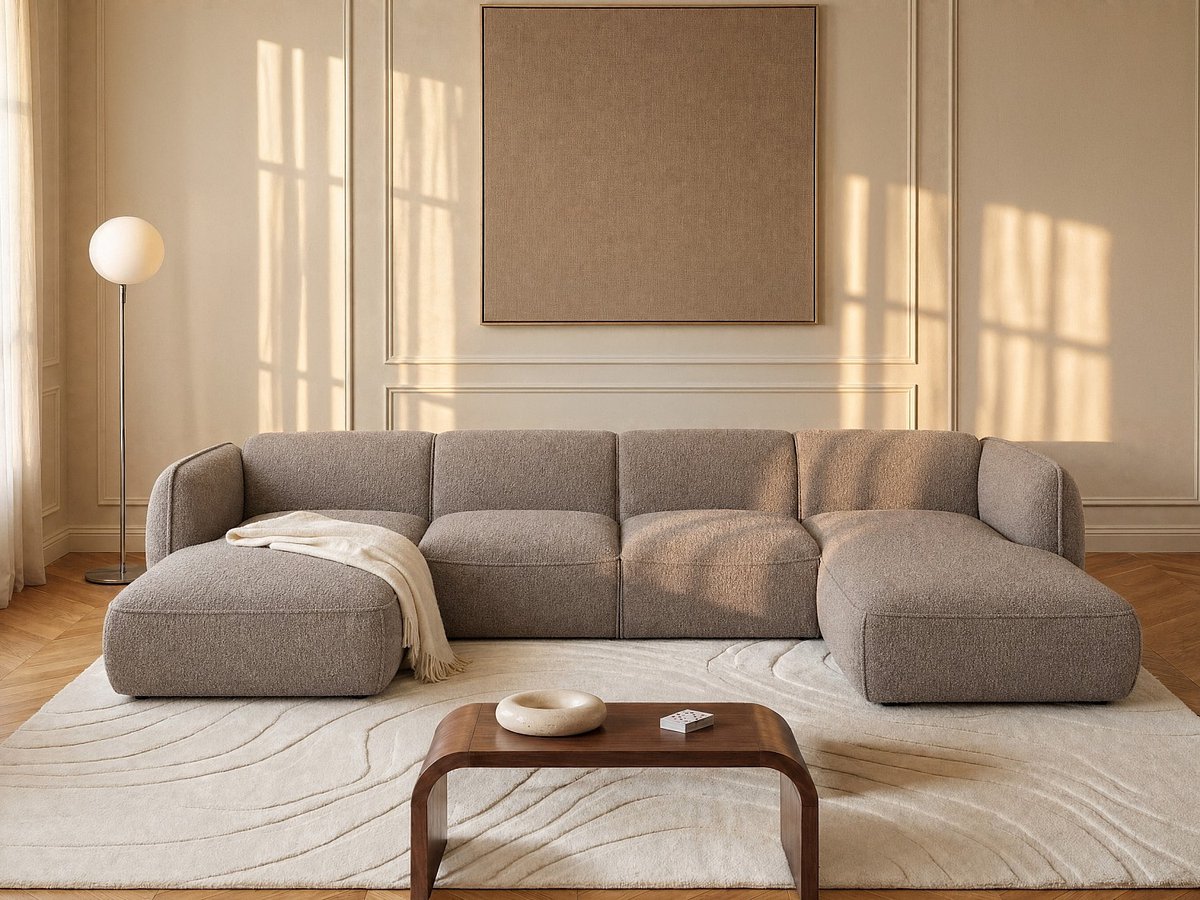 Vente-unique Hoekfauteuil in taupe chenillestof van Maison Céphy CAMILIO