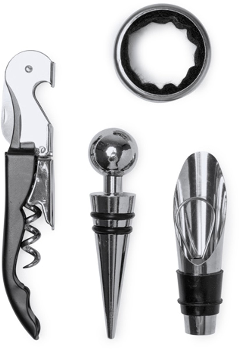 20 pack voordeel pakket Wijnset met roestvrijstalen accessoires: kurkentrekker met uitklapbaar mes, druppelring, stop en schenktuit. Presentatie in metalen doos met binnenvulling MALBEC 4112