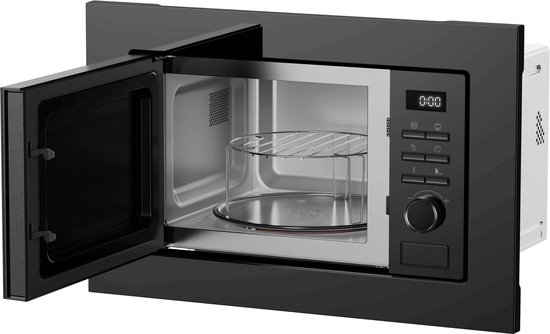 Inbouwmagnetron met grill, 21L, 800W, 38cm, 8 kookprogramma's, zwart. De deur staat open, met rooster en glazen draaiplateau.