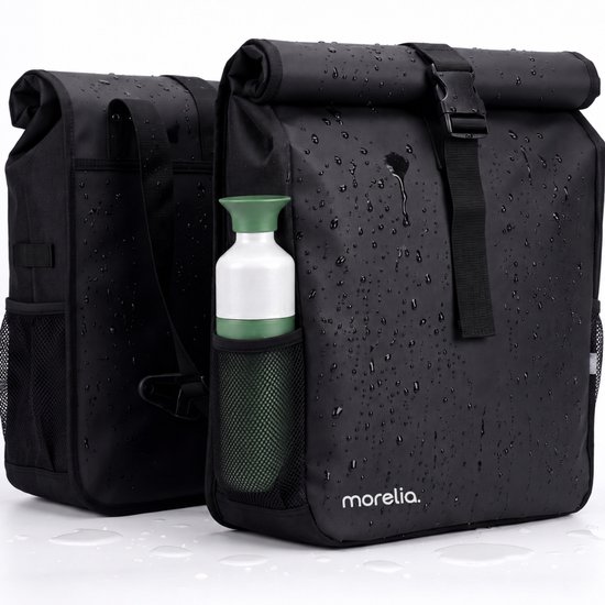Zwarte, waterdichte dubbele fietstas van Morelia met een rolsluiting en een fles in een zijvak.