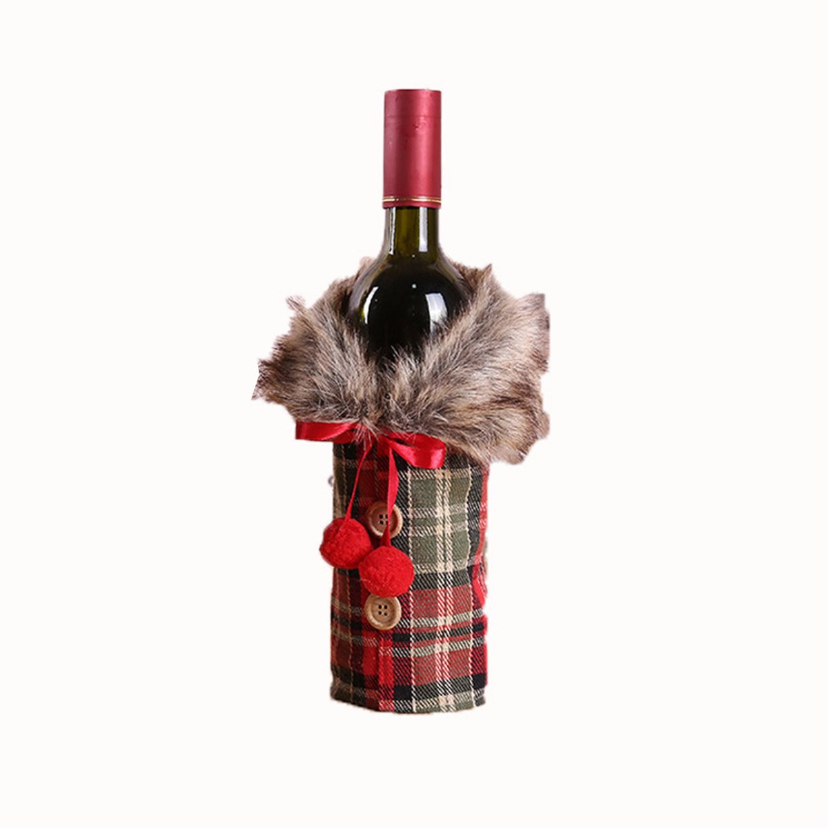 Kerst Wijnfles Hoes met Grote Pompons – Rood Geruit Model voor Wijnflessen- Feestelijke Kerstdecoratie voor Tafel en Cadeauverpakking