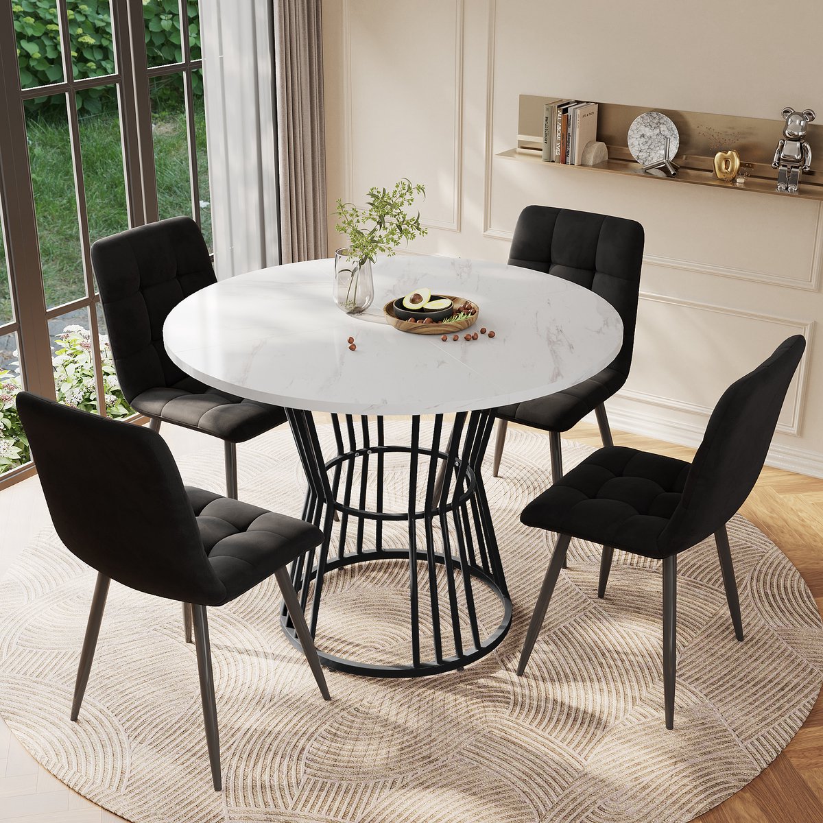 Eettafelset - complete set met 1 eettafel en 4 stoelen - tafel 100 x 100 x 75 cm - rond - mdf - meerkleurig - voor keuken of eetkamer