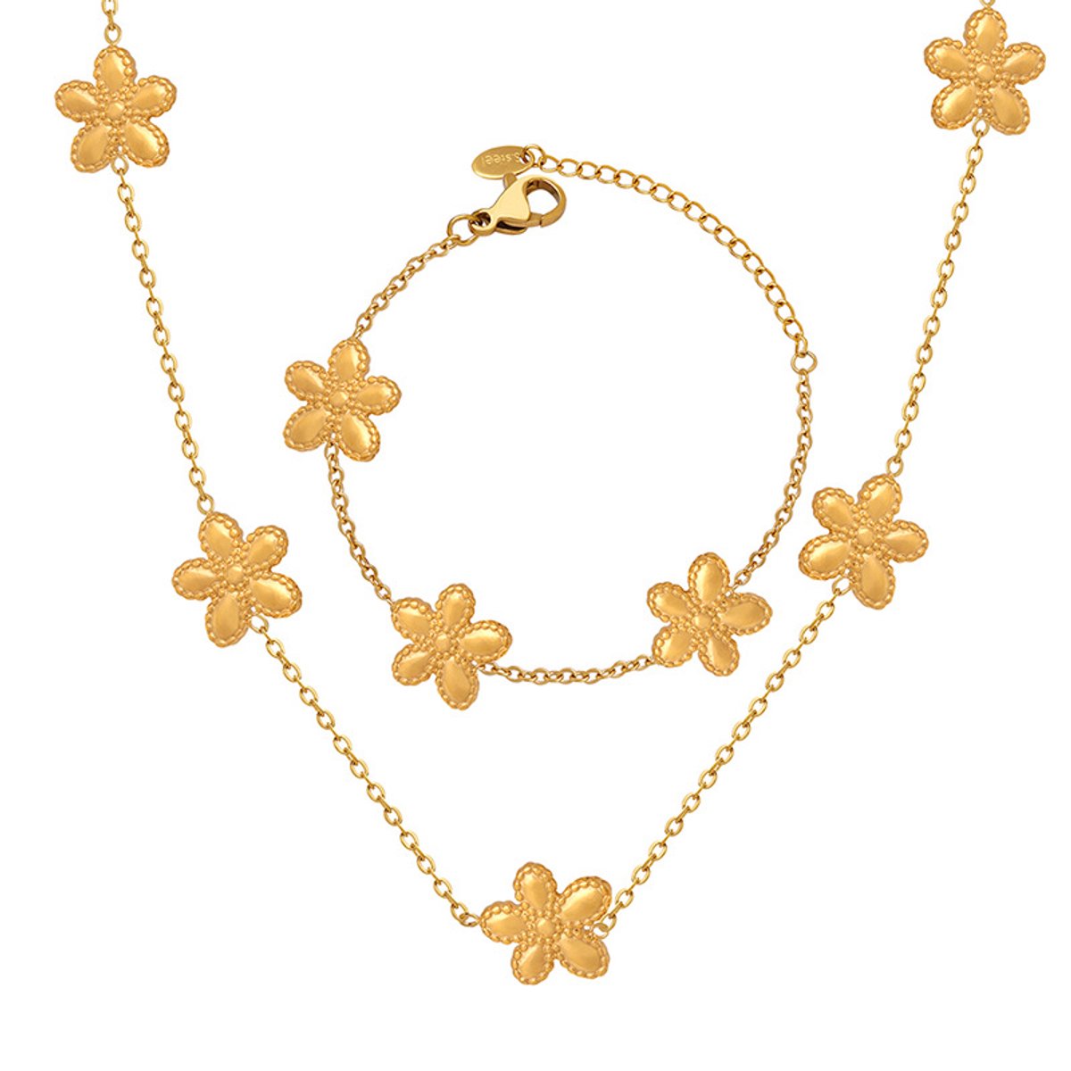 Glintweave – Roestvrijstalen Sieradenset met Bloemvormige Hangers – 18K Verguld – Ketting & Armband – Dames – Goud