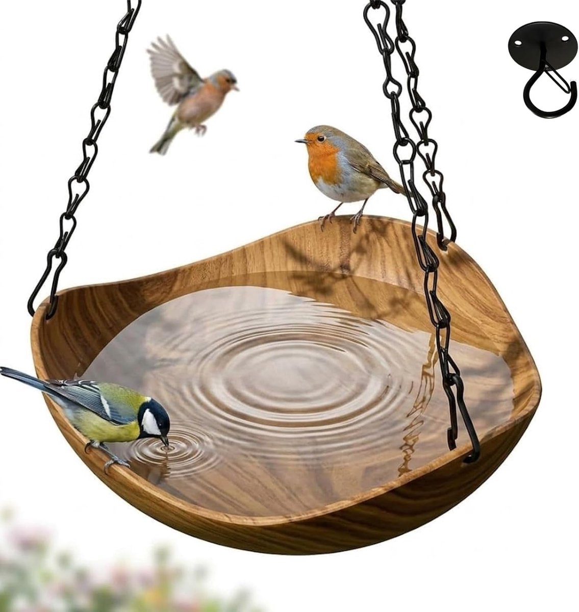 Bobypet - Hangend Vogelbad en Vogelvoederbak - Kunststof met Lichte Houtlook - Weerbestendige Vogeldrinkbak met Ketting en S-Haak - voor Tuin, Balkon & Terras - Licht Houtdecoupage