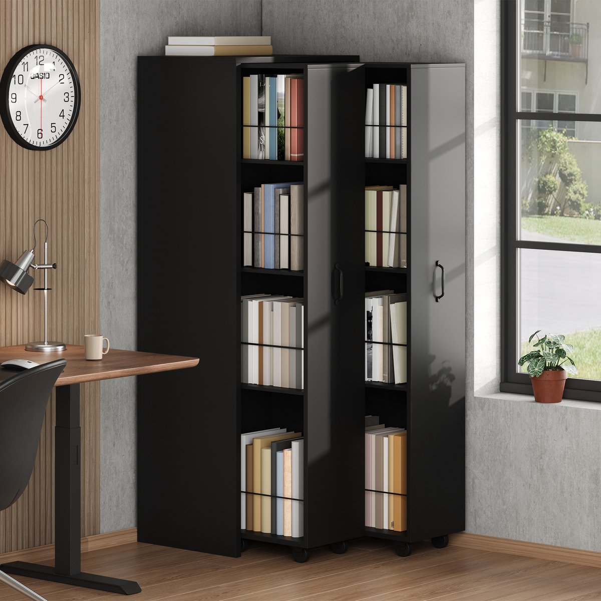 Uitbreidbaar Boekenkast op Rollen - Zwarte MDF - 4 Afbraakbare Regalen - 20 kg per Regal