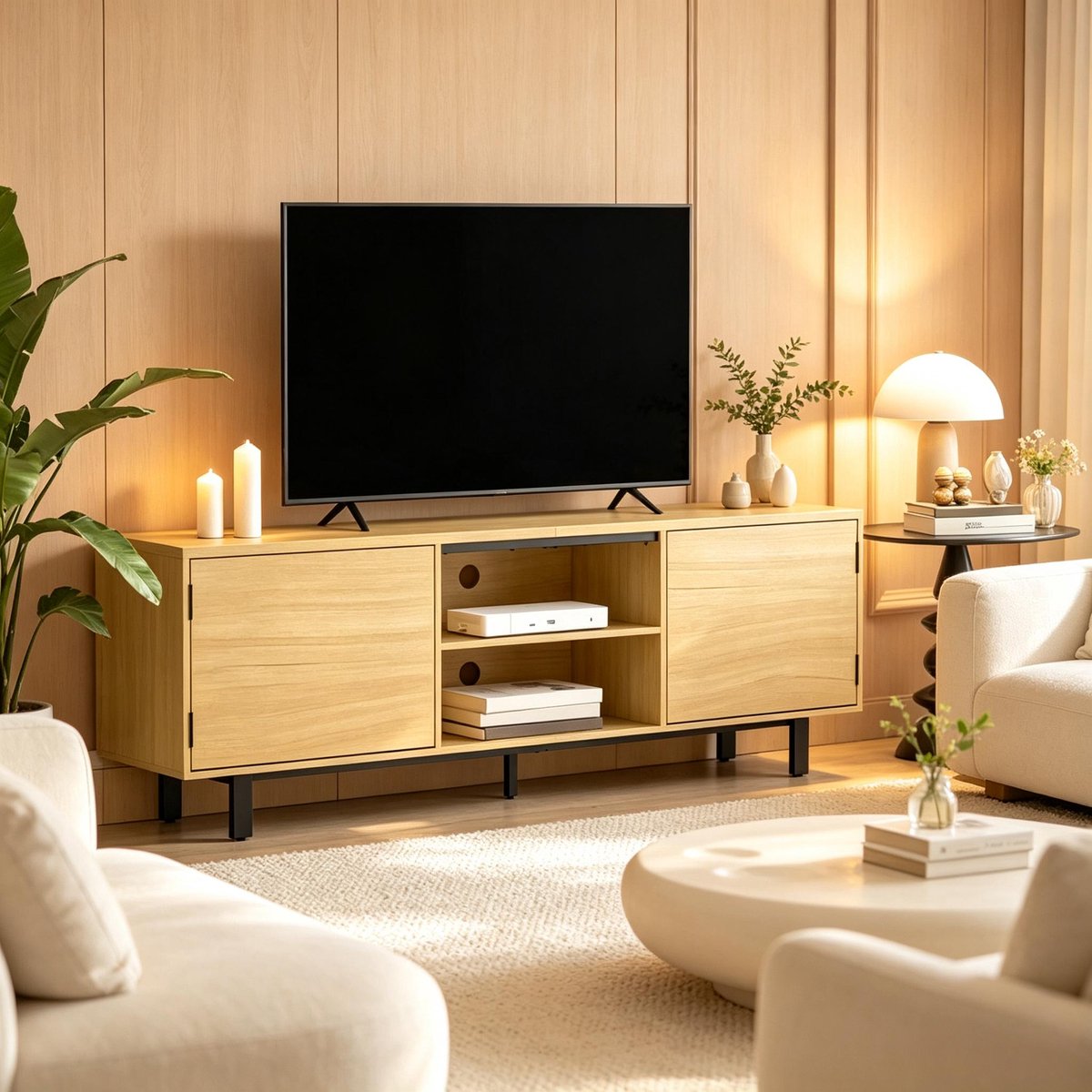 TV Meubel 160 cm - TV Kast Voor 65 Inch TV - Met 2 Deuren En Open Vakken - Scandinavisch Design Houtlook