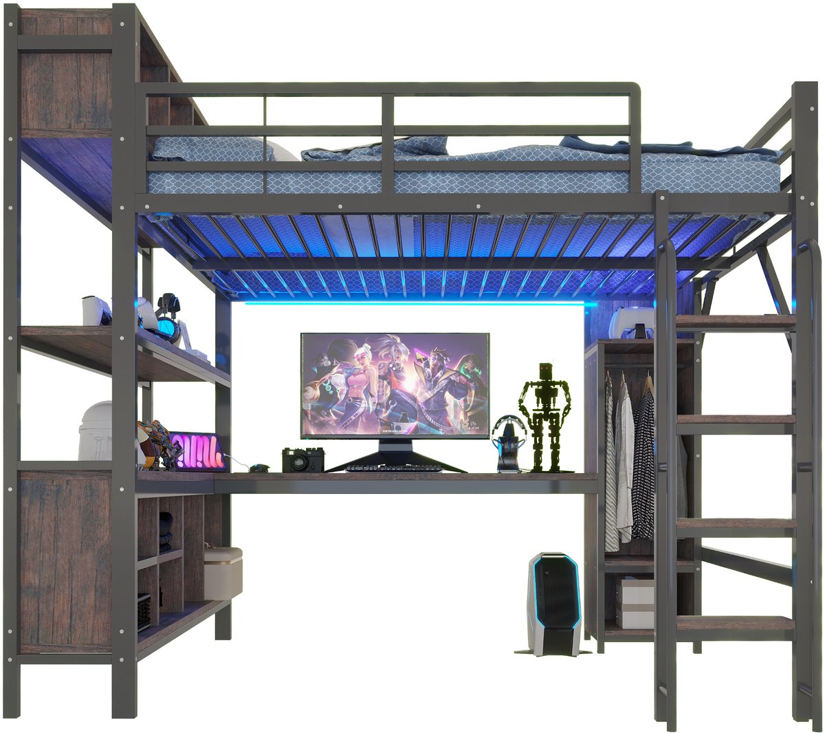 Hochbett mit Schreibtisch - Multifunctioneel Design Meubel, LED Verlichting, Schwarz - 140x200 cm
