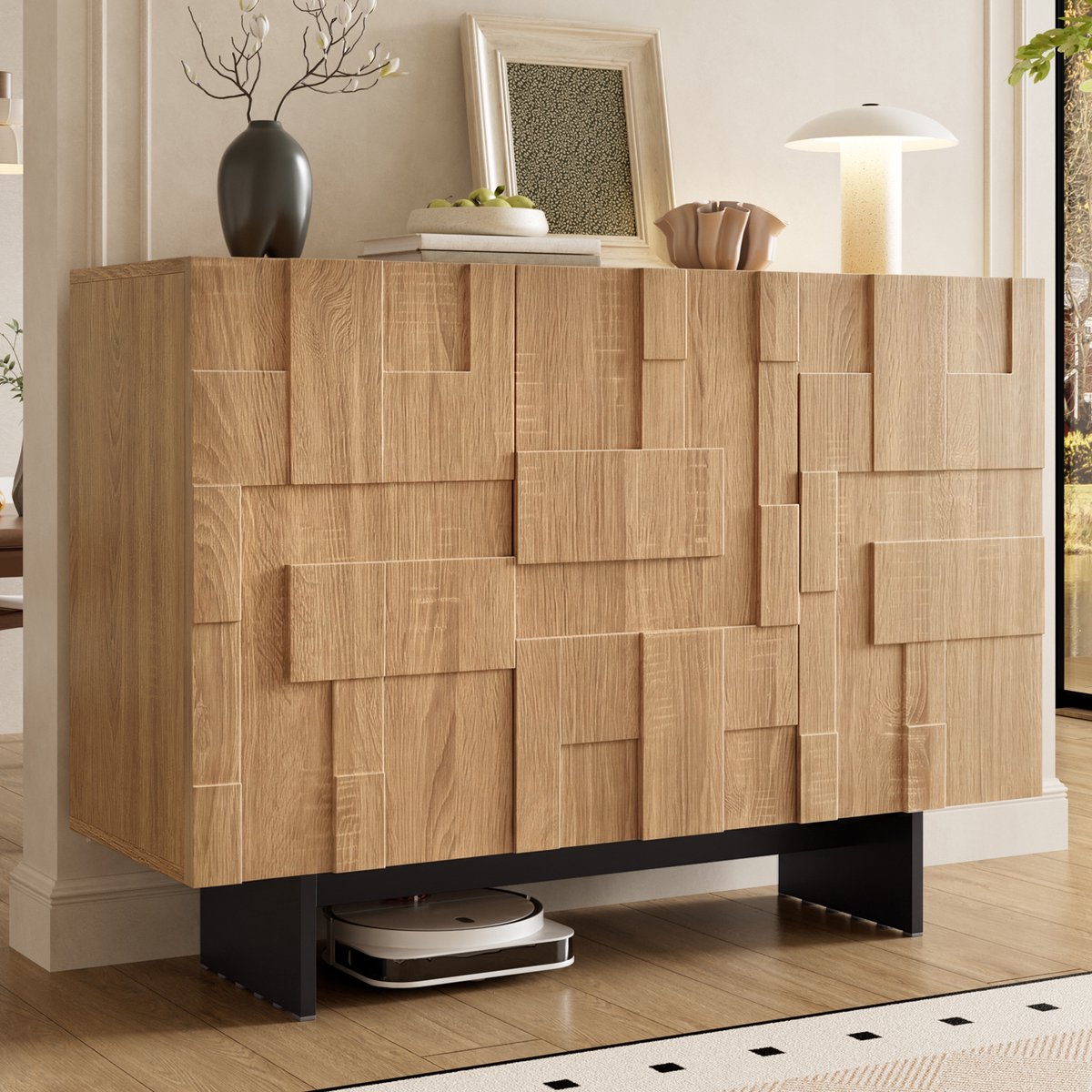 Dressoir Kast Met 3 Deuren - Moderne Buffetkast Met Verstelbare Planken - Bamboe Houtlook - Zwart Naturel 105 cm