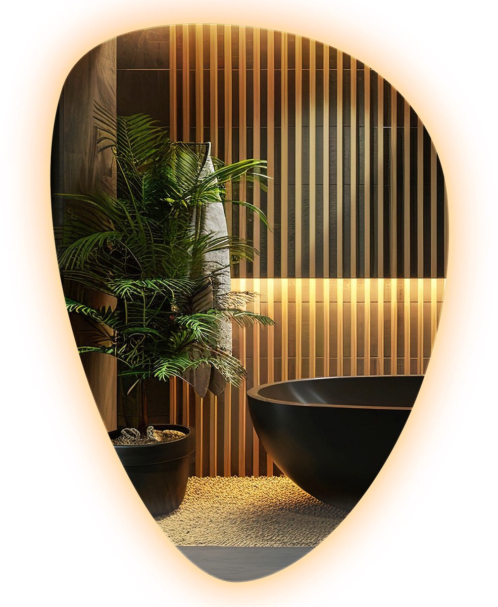 Wallfluent LED Wandspiegel - Onregelmatige Spiegel met Verlichting - 64 x 90 cm - Grote Onregelmatige LED Spiegel - Wandspiegel voor Woonkamer - Warm Wit 3000K - Boho Decoratieve Spiegel