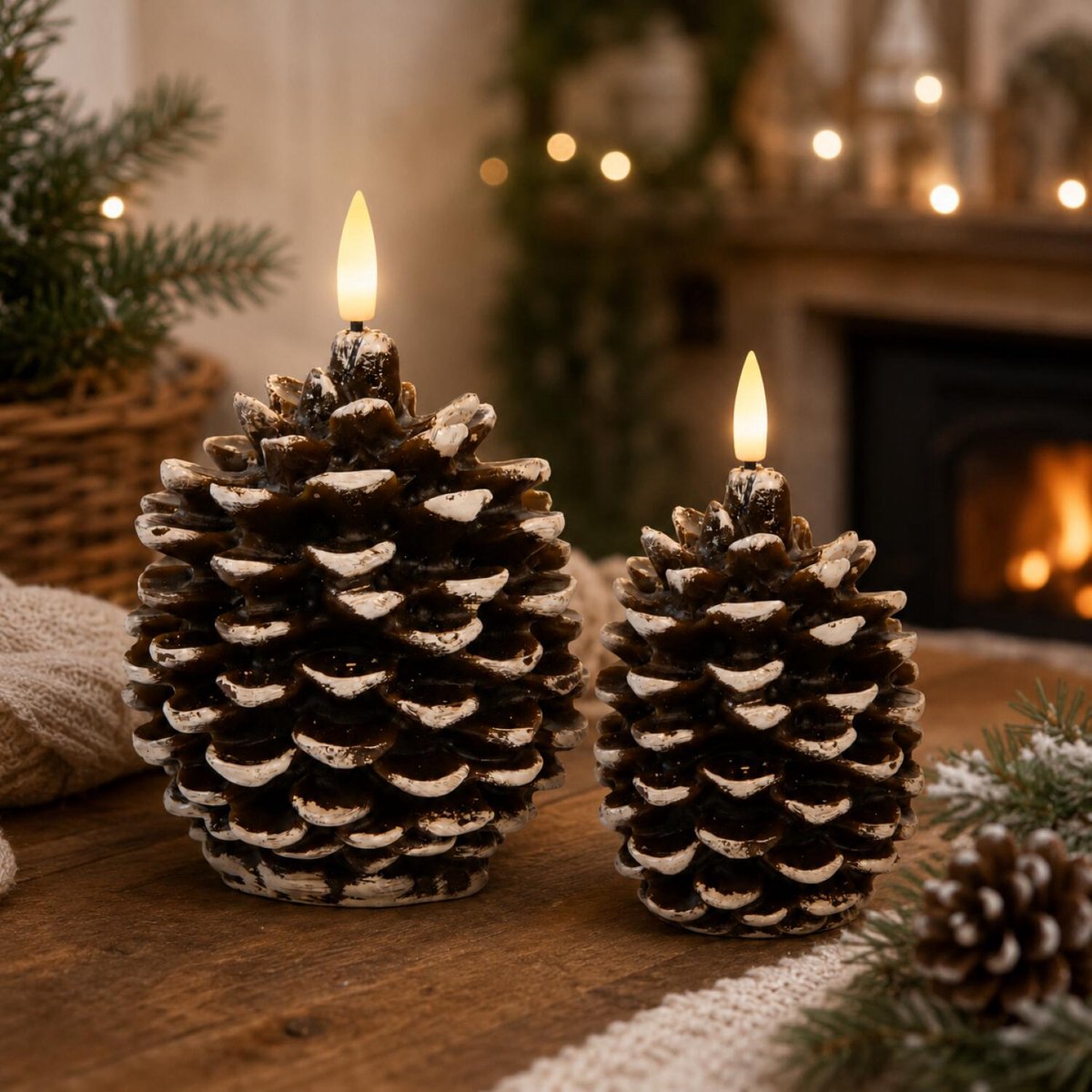 Anna's Collection Dennenappel LED kaarsen - 2 formaten - bruin - 10 en 12,5 cm - herfst - kerst