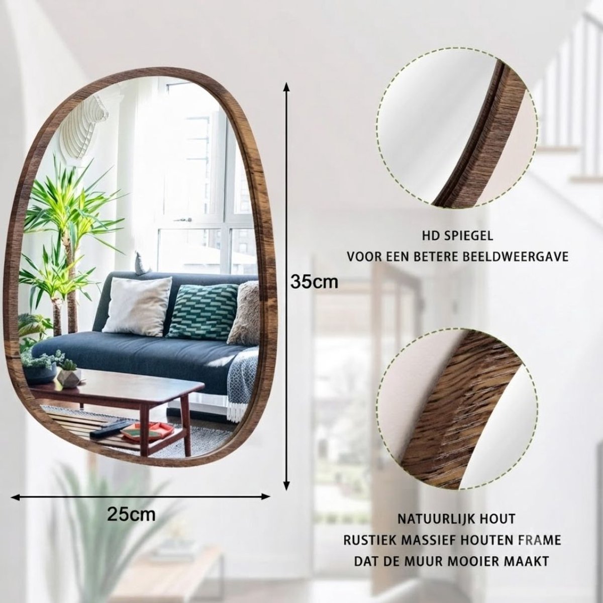 JCP® Organische Spiegel - Asymmetrische Spiegel - Wandspiegel - Rustiek Bruin - 35cm x 25cm x 2cm