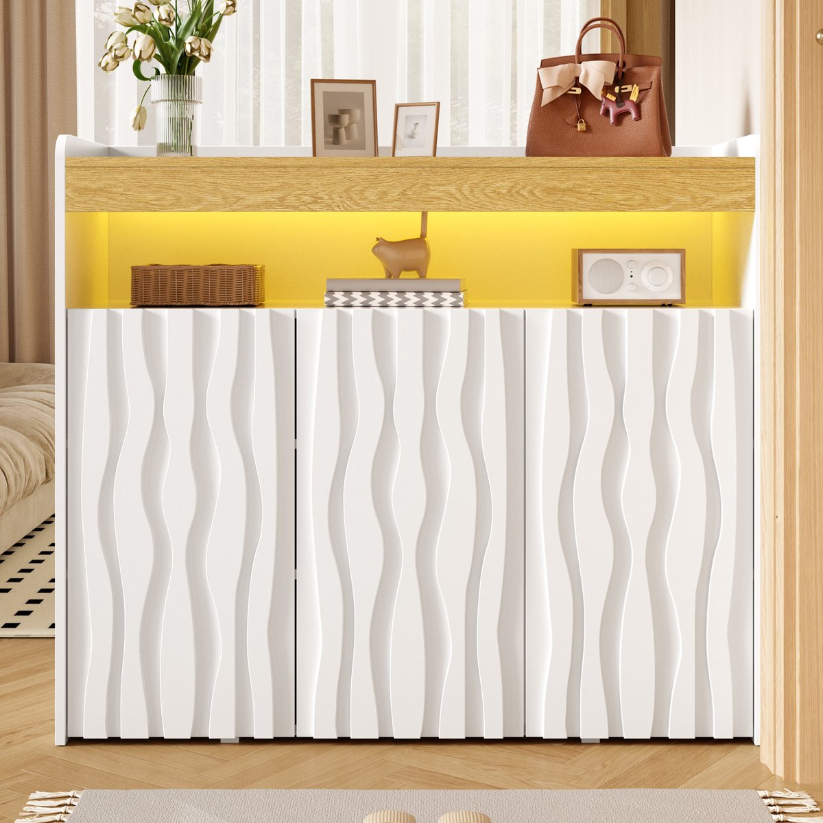 Sideboard met LED-verlichting - White+Natural - 3 deurtjes - 105x35x90.5 cm