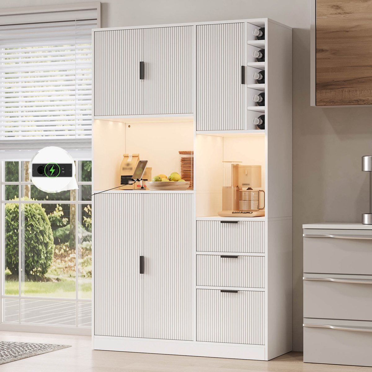 Küchenschrank Modern Hoog - LED Beleuchtung Steckdosen - Weiß - 180x105x40 cm