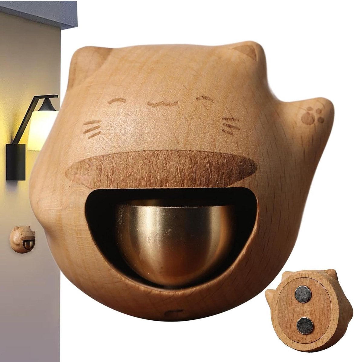 Houten Kattenbel - Deurbel Geluk - Entree Decoratie - Handmatig Gepolijst - 7.5 cm - Uniek
