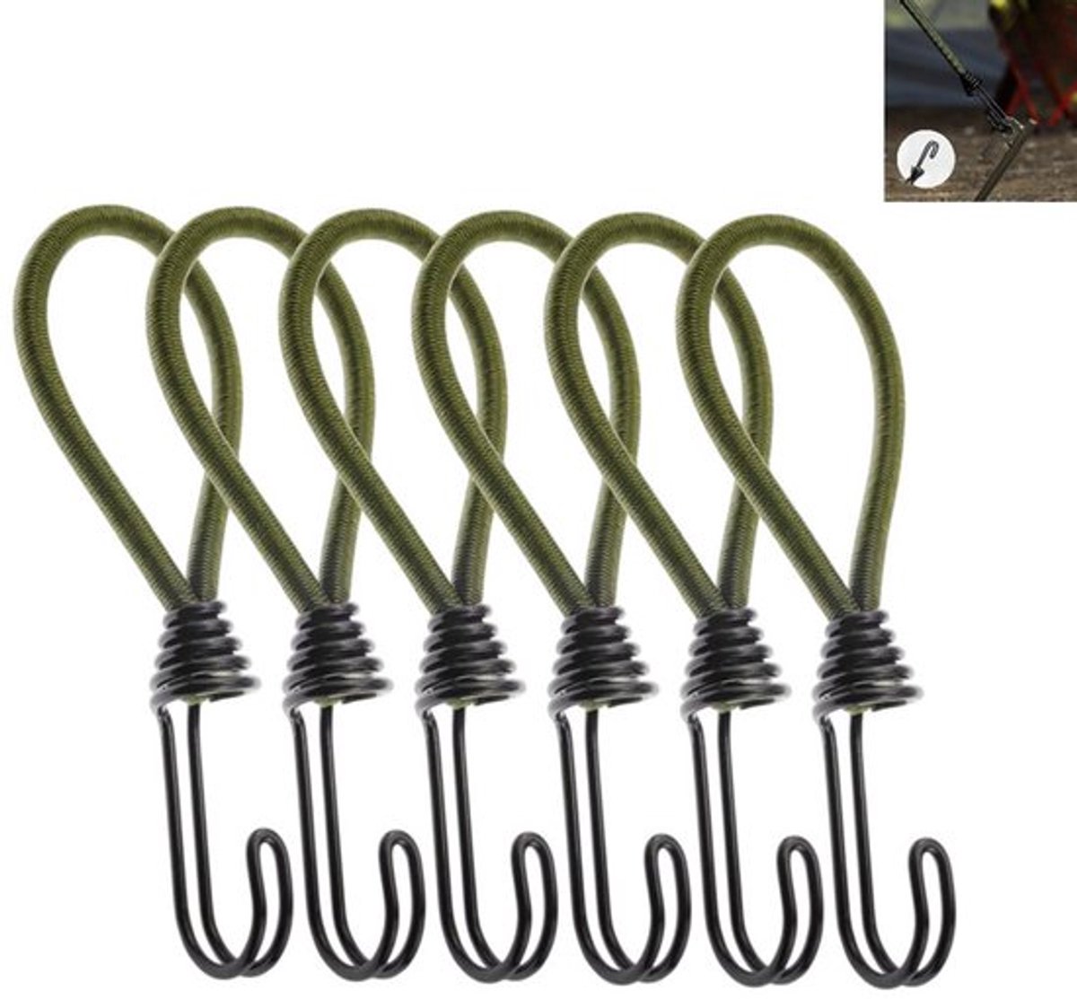 6-delige set - Elastisch koord met haak - Spanband - Gesp voor elastisch tentkoord - Elastisch koord - Trekkoord - Spanband voor elastisch koord