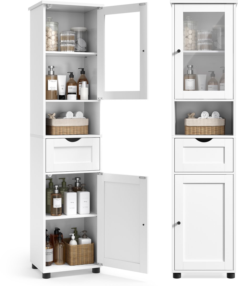 Conway Living® Hoge Badkamerkast - Smalle Opbergkast met Lade en Glazen Deur - Verstelbare Planken - Ruimtebesparend - 40x30x165 cm - Wit