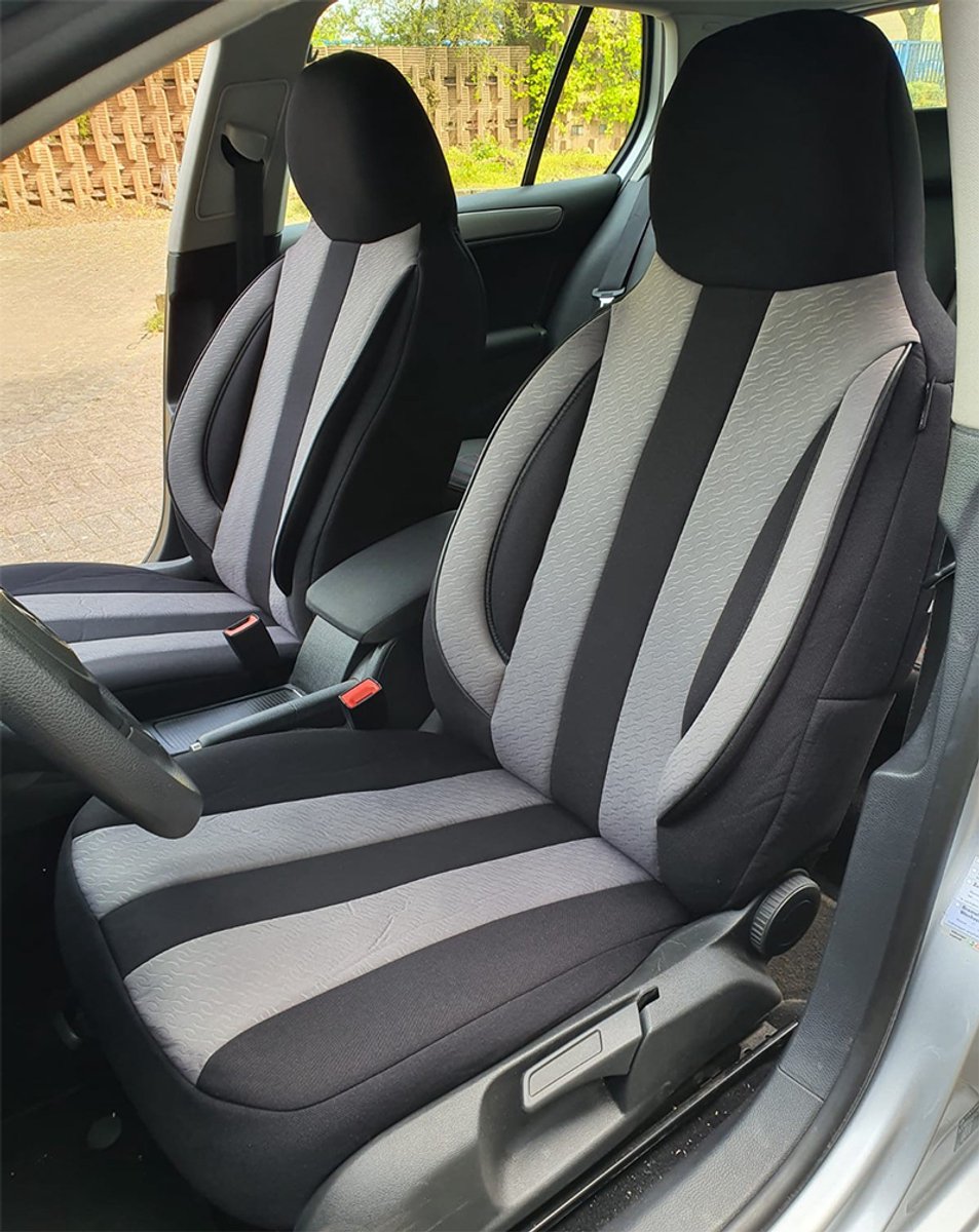 Autostoelhoezen voor Seat Leon BJ vanaf 2020 – Stoelhoezen voor bestuurder en passagier in Zwart/Grijs