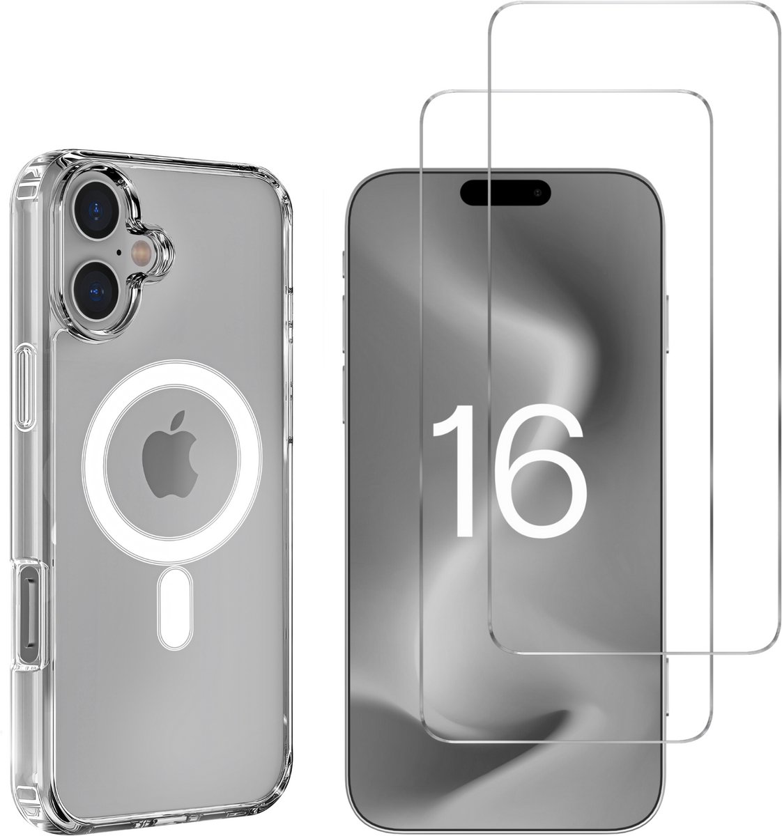 iPhone 16 Hoesje backcover Shockproof siliconen Transparant met geïntegreerde magnetische cirkel en 2 stuks Screenprotector Gehard Glas