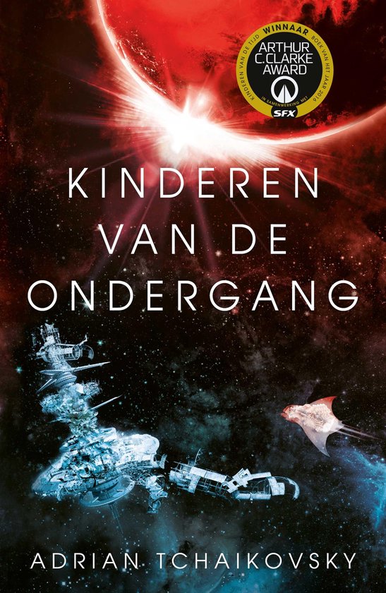 Couverture du livre 'Kinderen van de Ondergang'. Une planète rouge et un vaisseau spatial dans l'espace. Vainqueur du prix Arthur C. Clarke Award.