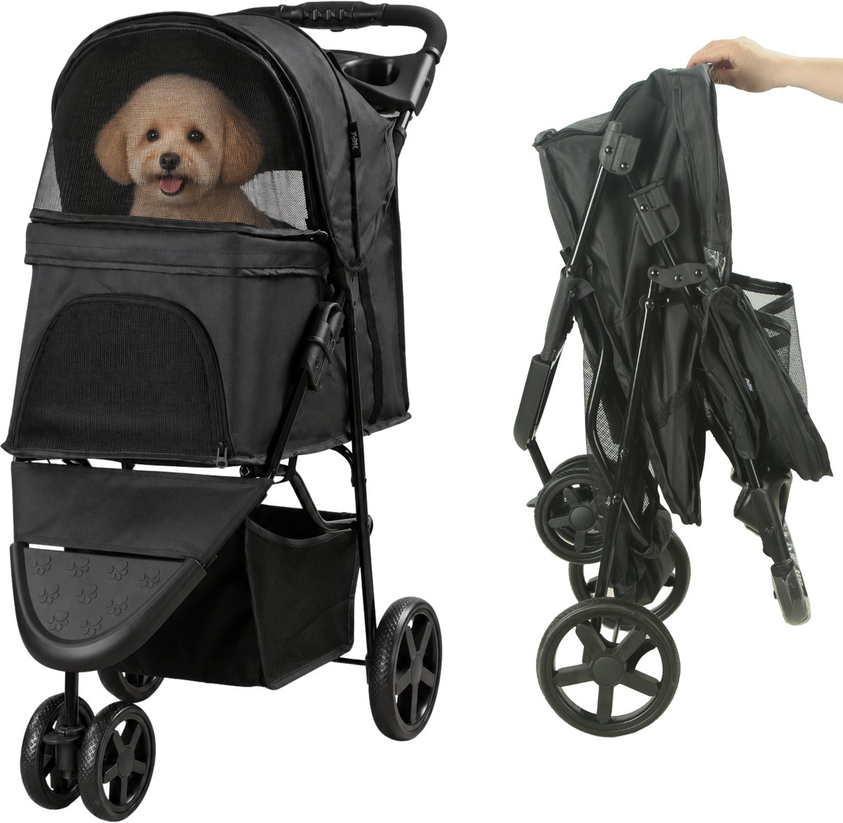 HiPet Pepper Hondenbuggy Zwart – 3 Wiel – Inklapbaar – Lichtgewicht Aluminium Frame – Voor Hond en Kat