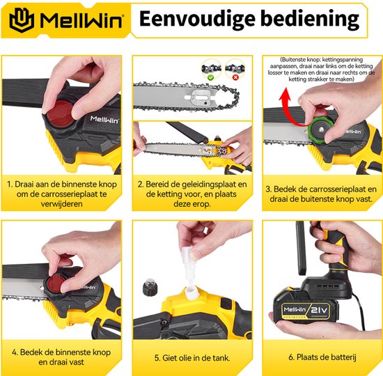 MellWin Kettingzaag - Professionele Mini Kettingzaag - Elektrische Snoeischaar - 8 inch Takkenzaag - met 2x Accu's & 2x Kettingen van MellWin — afbeelding 5