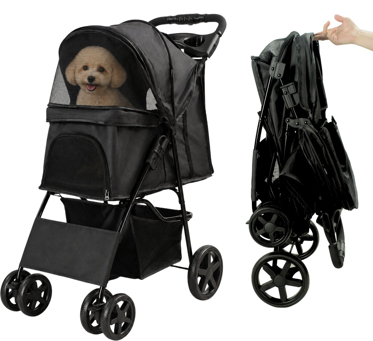 HiPet® Hondenbuggy Teddy – Inklapbaar – Zwart– Tot 15 kg – Met Boodschappenmand