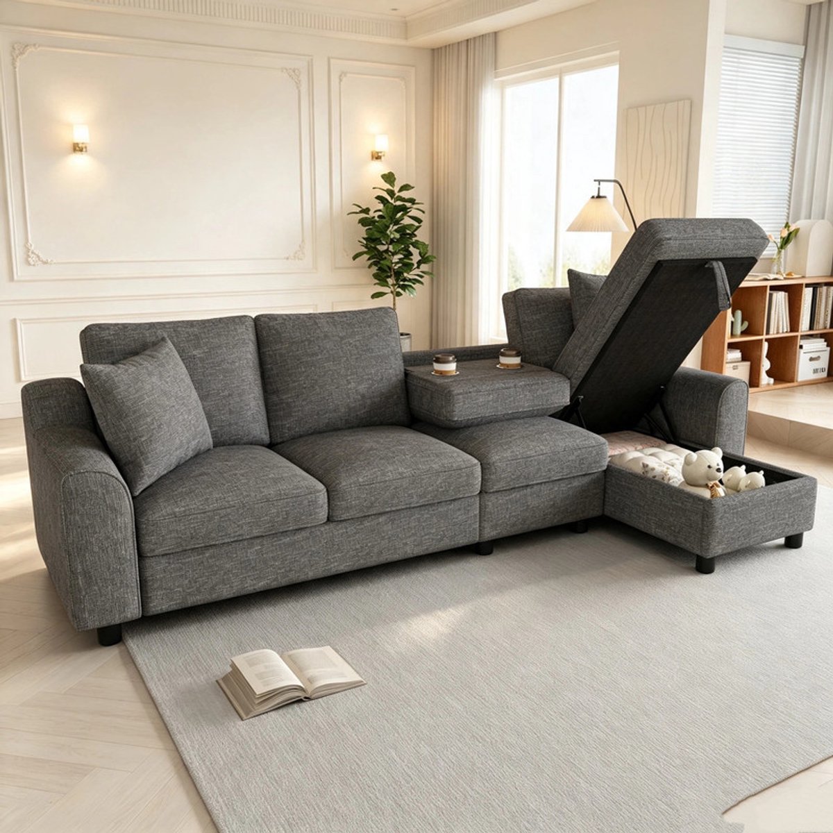 Moderne L-vormige Bank van Chenille, Hoekbank met 3 Zitplaatsen en Chaise Longue, Chaise Longue met Uitklapbaar Opbergvak, 4-Zitsbank, Neerklapbare Rugleuning met Bekerhouders, Multifunctionele Modulaire Bank-Grijs