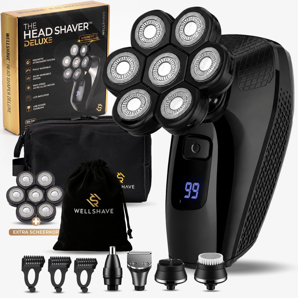 Wellshave Skull Deal 3.0 - 5-in-1 Scheerapparaat Mannen - Hoofd Kaal Scheren - Head Shaver - Elektrisch Scheerapparaat - Incl. Extra Scheerkop, Luxe Toilettas & Travelbag