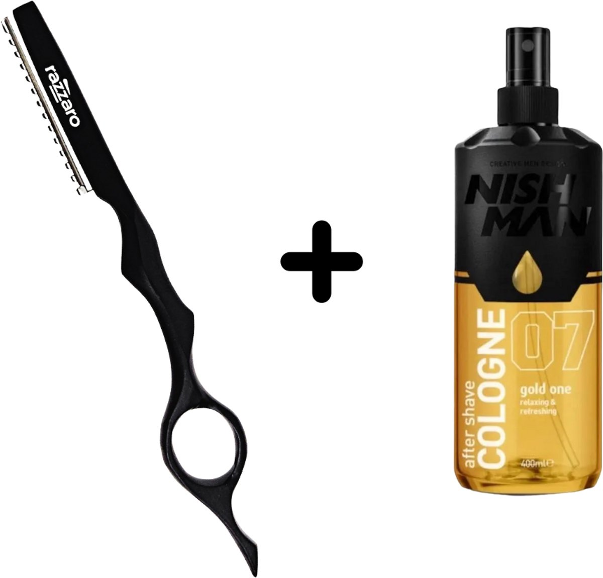 Styling Razor + Nishman Aftershave Gold One 400ml - Feather - Zwart - Kappers mes - Haar snijden - Uitdun mes - Aftershave - Verfrissend