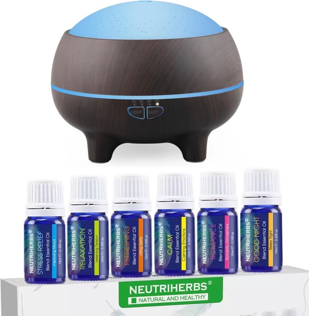 Neutriherbs Aroma Diffuser Cadeau Set - Cool Mist Incl 3x 10 ML Etherische Olie - Luchtbevochtiger – Verdamper – Aromatherapie - Geurverspreider - Bluetooth Speaker - App Controle