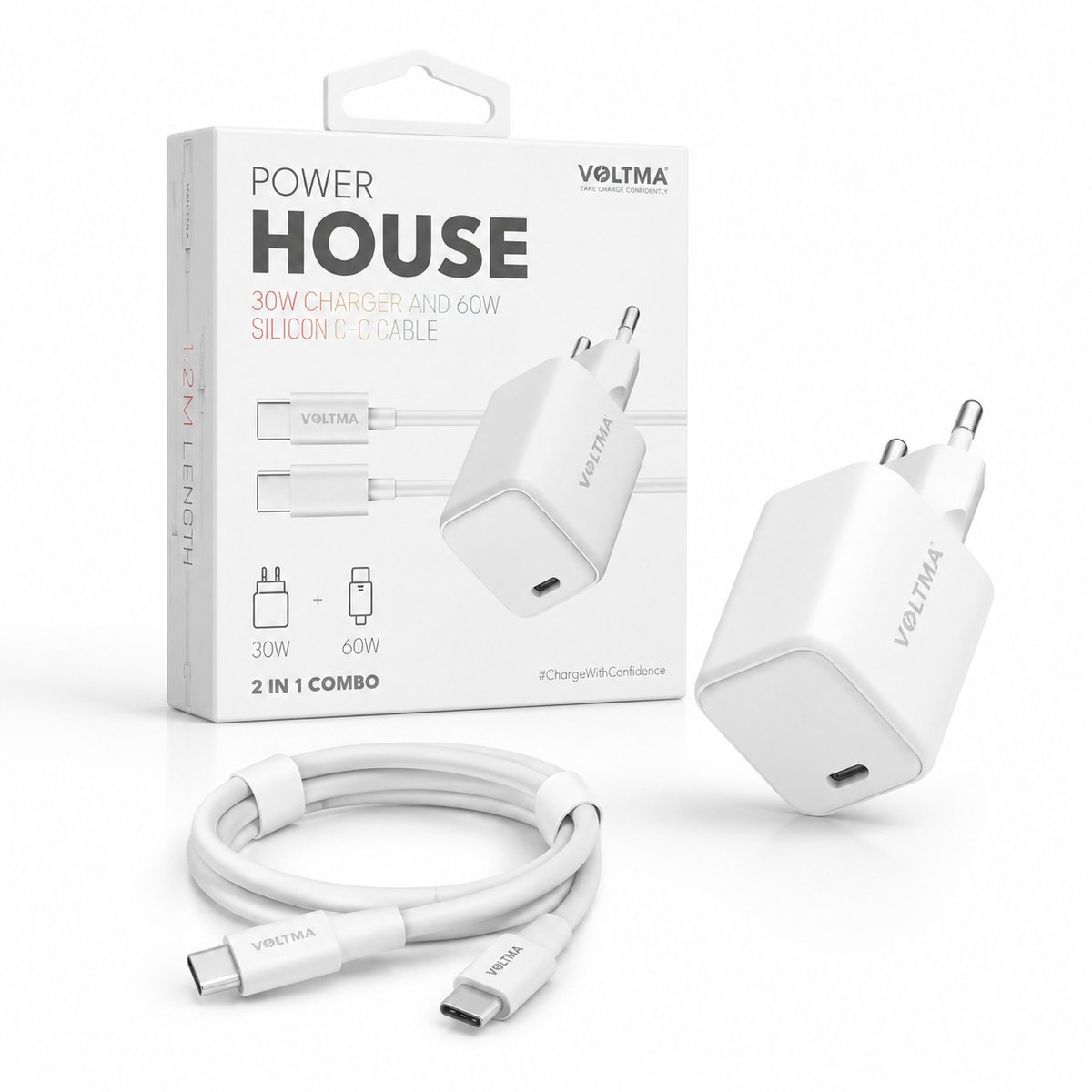 VOLTMA 30S60CC 30W GaN USB-C Oplader met 60W USB-C naar USB-C Kabel 1,2m – Power Delivery & PPS – Snellader voor Smartphone, Tablet en Laptop – Wit