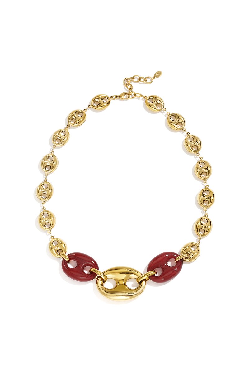Ketting met Geometrische Acrylelementen – Schakelketting met Acryl – RVS - Rood