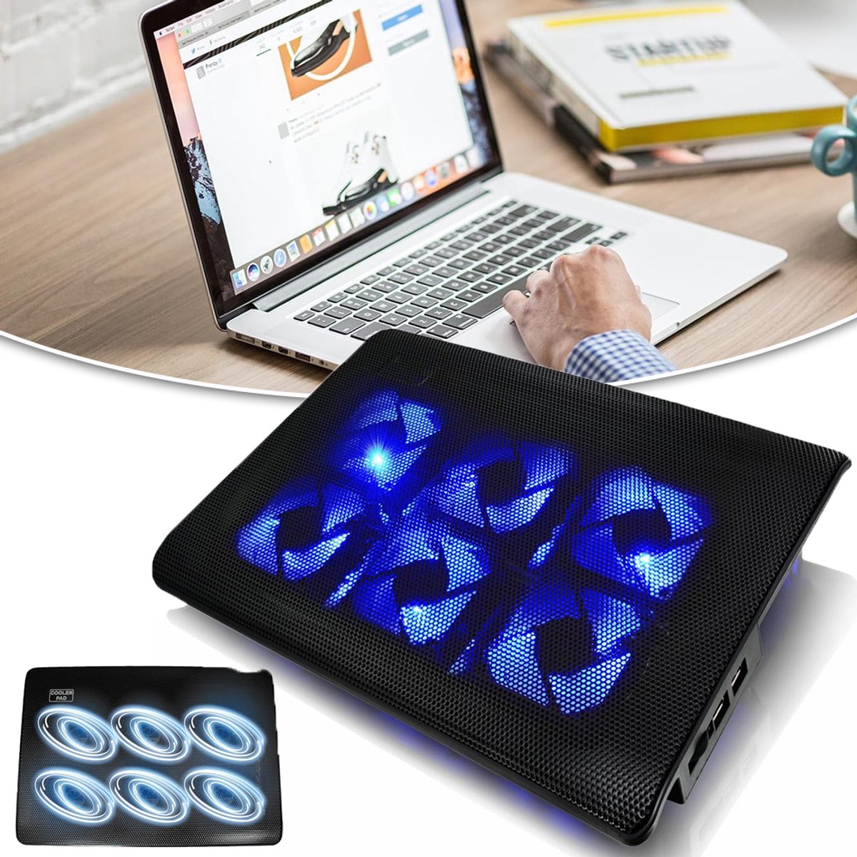 Ergonomische Laptop Koelpad Met 6 Stille Ventilatoren En USB-Voeding - Traploze Snelheidsregeling Staal En Kunststof 20 dB - Perfect Voor School En Kantoor Voor Laptops Van 12,2 Tot 17,4 Inch