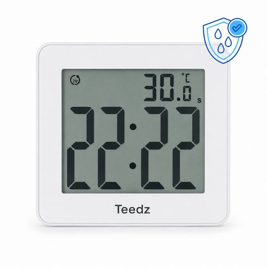 Witte Teedz douchetimer met digitaal scherm dat de tijd en temperatuur aangeeft, met een waterdichtheidsicoon.