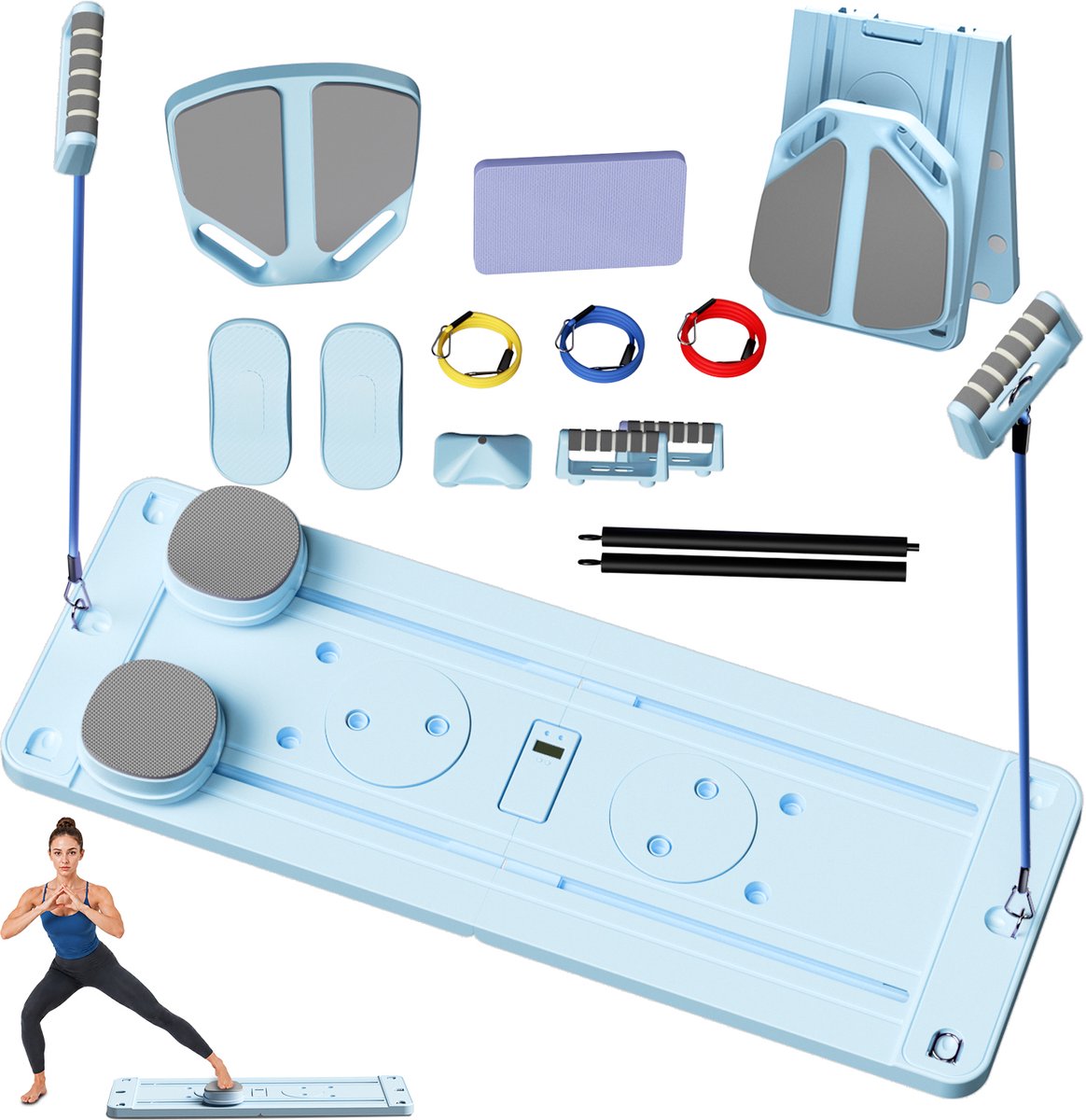 PULSE360 Pilates Reformer Set - 12-in-1 - Inklapbaar Pilates Board - verstelbare weerstand - 20+ accessoires - Max 250kg - Buikspiertrainer - Thuis training - Blauw