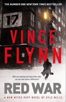 Boekomslag van Red War met Vince Flynn in rode letters. Een man in een lange jas loopt in de sneeuw voorbij een gebouw met nummer 17.