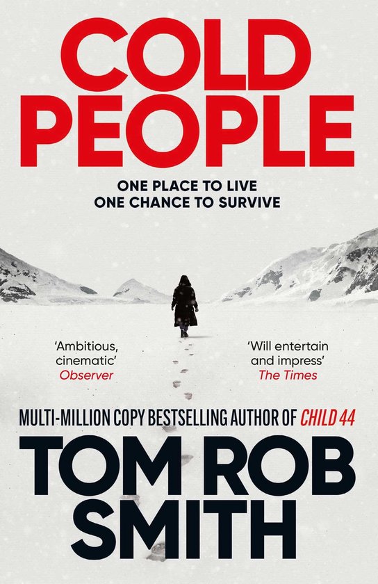 Boekomslag van 'Cold People' met rode tekst, witte achtergrond en een figuur in de sneeuw.