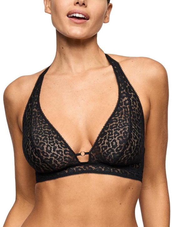 Zwarte kanten halter-bralette met luipaardprint en ringdetail.
