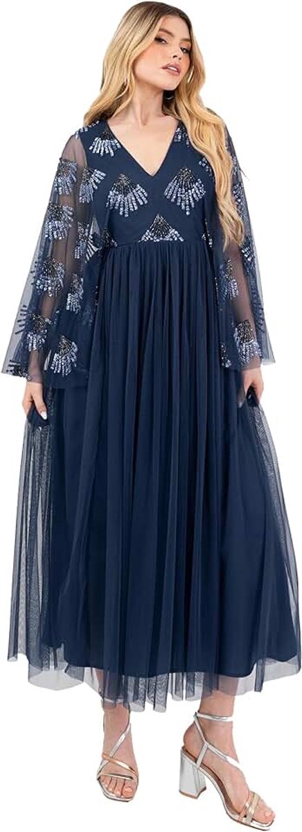 Deluxe Midaxi Damesjurk, V-hals, lange mouwen, pailletten, verfraaid, Empire, A-lijn, tule, evening, bal, dames, Frans marineblauw, 48