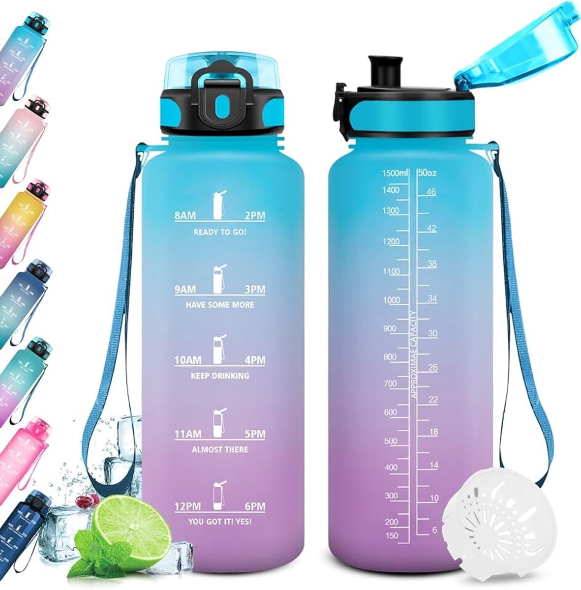 Drinkfles voor fitnessstudio, 1,5 l, lekvrij, BPA-vrij, waterfles met tijdweergave voor volwassenen, school, sportschool, werk, fietsen, wandelen, fietsen