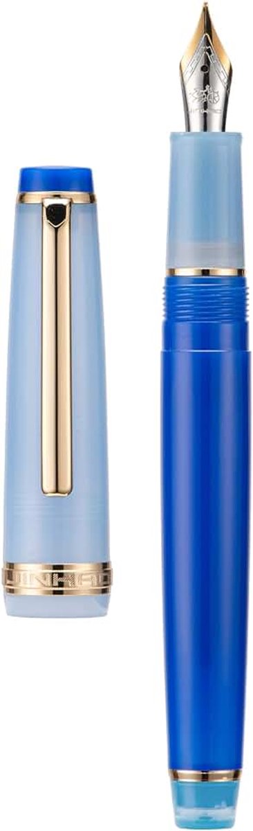 82 vulpen, goudkleurige afwerking, medium penpunt, blauw contrasterende transparante houder met converter