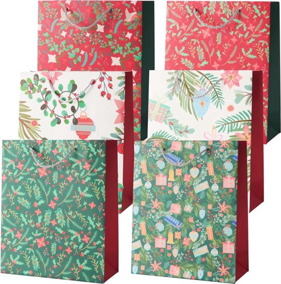 6 kerstcadeauzakjes met stevige hengsels in bloemige kerstontwerpen - Set van 6, feestelijke kerstzakjes, 32cm x 26cm