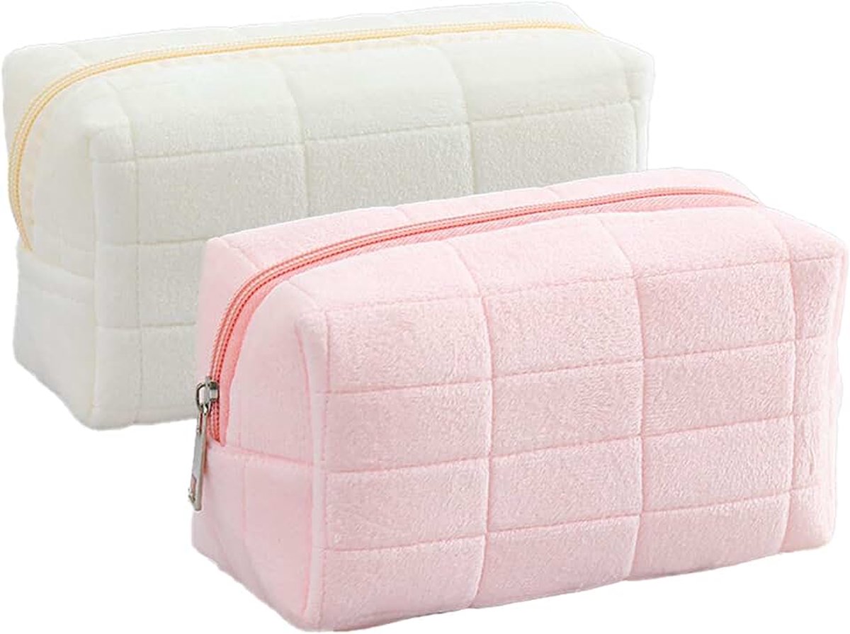 Toilettas voor op reis, huidverzorgingszakje, pluche make tassen, kleine mini-zakjes voor make-up, cadeau 2 stuks (wit en roze), Wit en Roze, Prachtige
