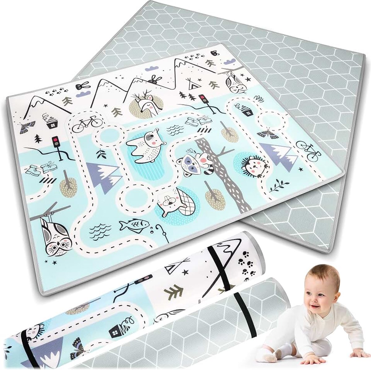 Speeltapijt van schuimstof voor kinderen, dubbelzijdig en oprolbaar, isolerende eigenschappen, ondersteunt de ontwikkeling van de baby, gemakkelijk te reinigen, groen, 180 x 150 x 1,5 cm