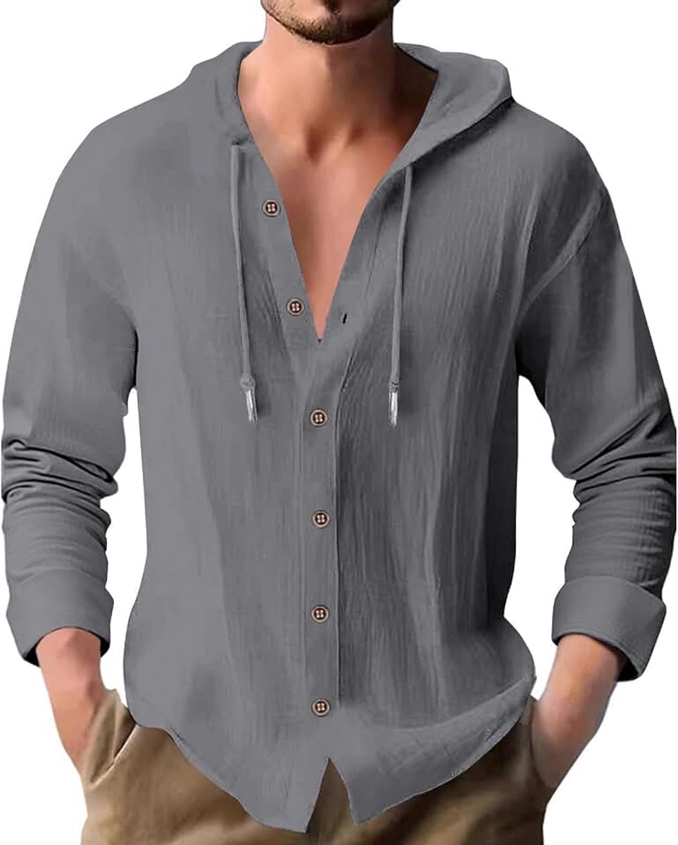 Linnen hemd heren hemd lange mouwen katoen lange mouwen met capuchon hoodie vrijetijdshemd capuchon shirt voor mannen M-3XL