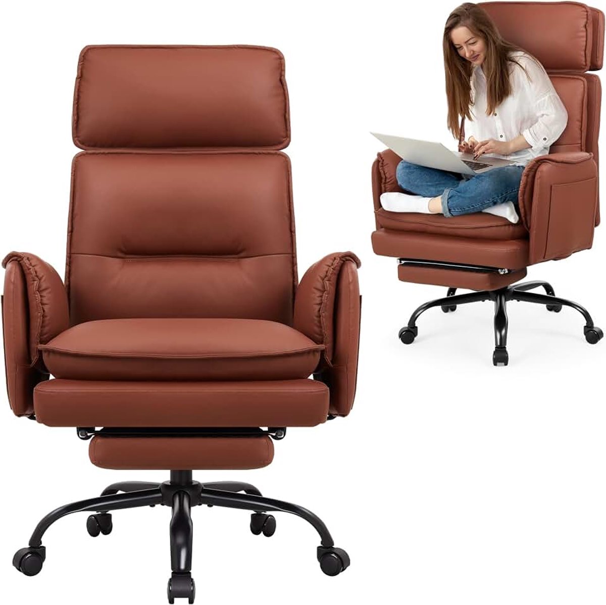 Ergonomische bureaustoel 227 kg, XXL kunstleren directiestoel met voetsteun Bureaustoel met in hoogte verstelbare hoofdsteun, 135° kantelfunctie, draaistoel voor thuiskantoor, gaming
