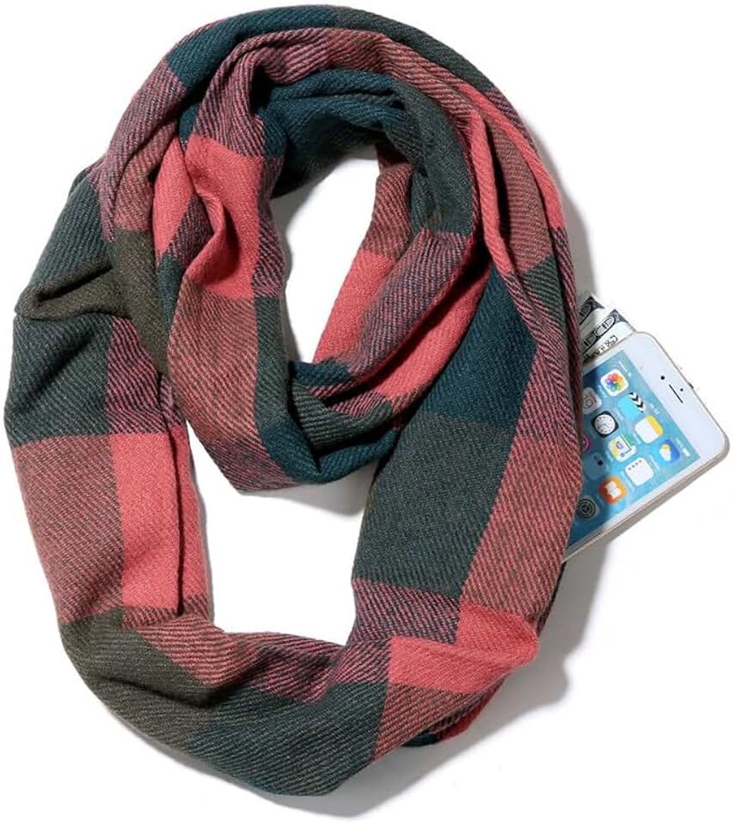 Lus-colsjaal voor dames, infinity-sjaal met verborgen zakken, oneindigheidssjaal, lichte reissjaal, verborgen rits, zaksjaal, geruit, cirkelsjaal voor warme outdoor